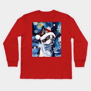 Boston Terrier Santa Kids Long Sleeve T-Shirt